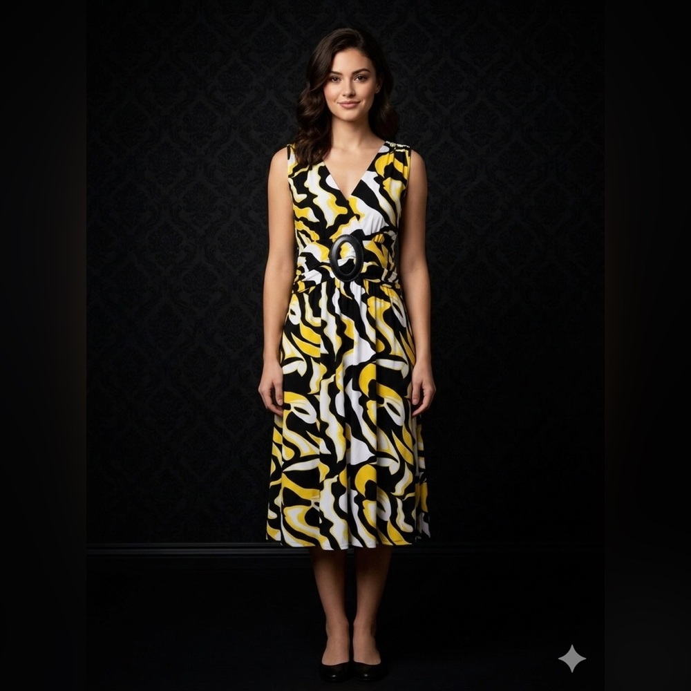 Jon & Anna Yellow Black White Abstract Print V-Neck Midi Dress - Picture 12 of 12
